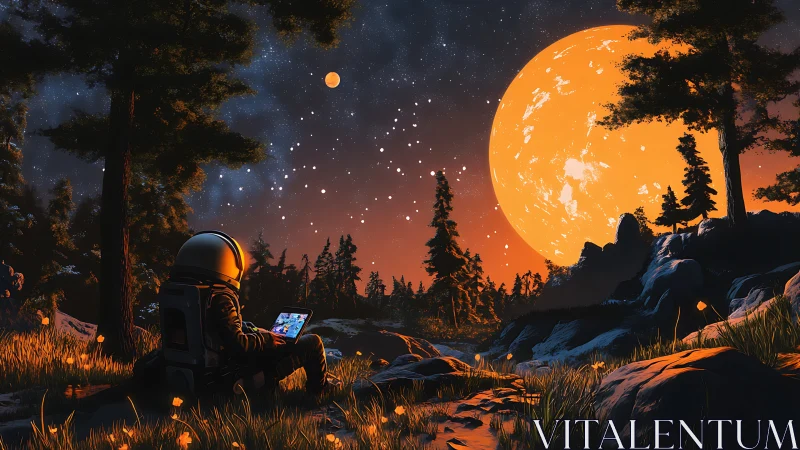 Stargazing astronaut resting beneath a glowing orange moon.