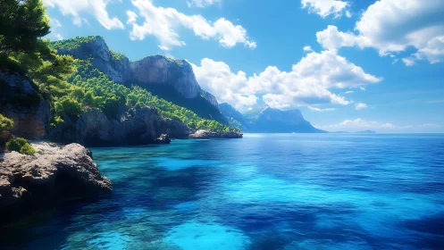 Rocky coastline with turquoise sea under bright summer sky.