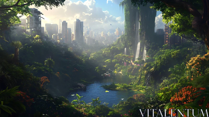 Verdant Canyon Framing Urban Skyline Through Lush Forest Valley