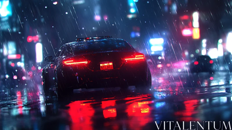 Sleek sports car in neon city rain with vivid reflections.