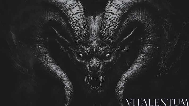 Demonic horned creature stares forward with glowing eyes