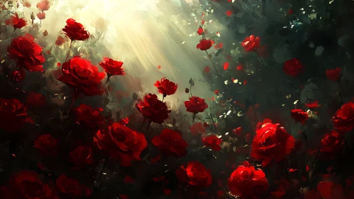 Luminous Garden: Radiant Red Roses in Atmospheric Light