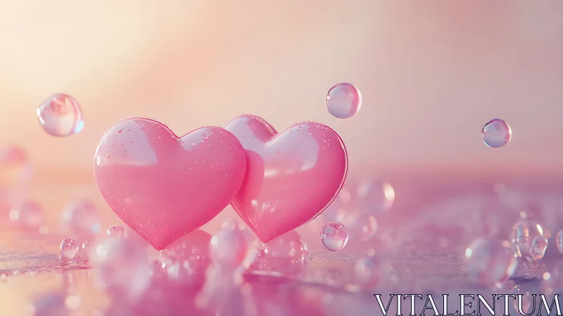 Dual Iridescent Heart Spheres Suspended in Luminous Particle Field.