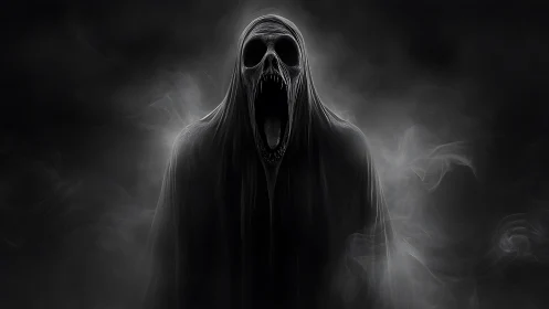 Hooded skeletal figure stands in dense monochrome vapor