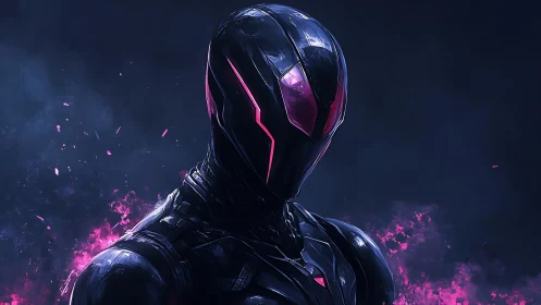 Futuristic armored figure with pink neon visor glow.