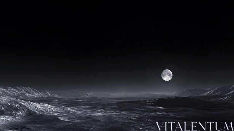 Moonlit crater plain extends under stark black sky