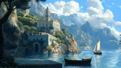 Mediterranean Cliffside Church Overlooking Sailboat Waters