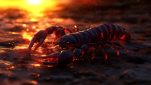 Macro-depth render of wet scorpion exoskeleton in backlit sunset