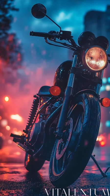 Moody night ride with a glowing motorcycle in city rain.