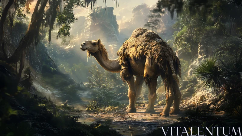Camel stands in lush canyon landscape with dramatic lighting