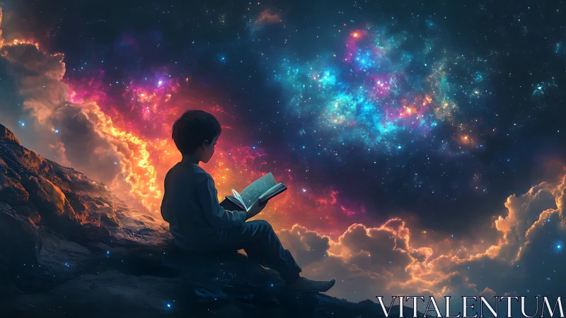 Child reads beneath a cosmic sky where imagination ignites