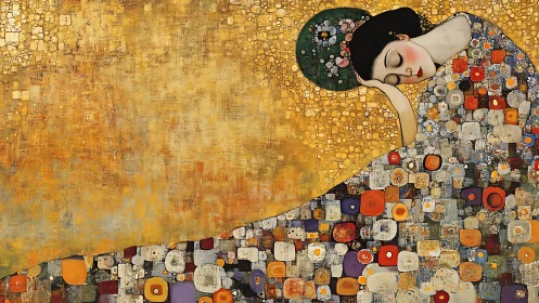 Sleeping woman in gilded mosaic robe, serene abstract field.