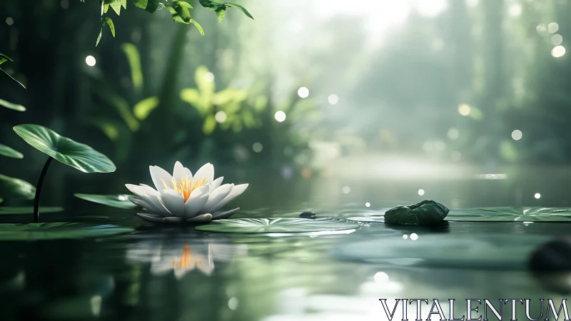 White water lily floats on misty forest pond at sunrise.