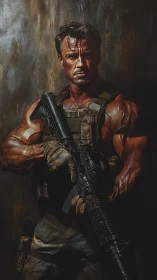 Photorealistic tactical portrait of muscular modern soldier.