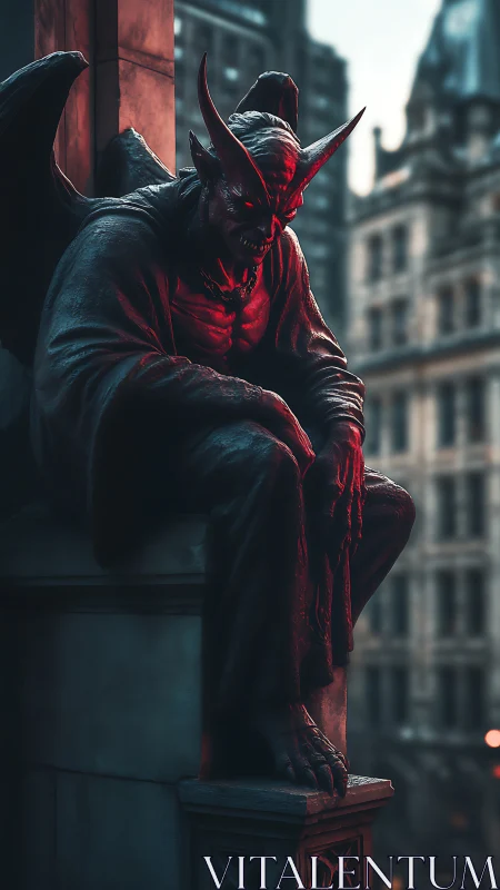 Brooding demon statue glowing over a twilight city edge.