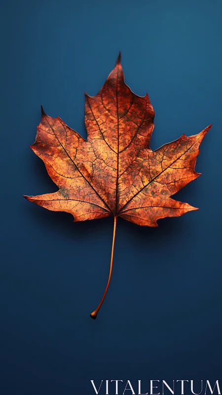 Single dried maple leaf centered on smooth blue surface