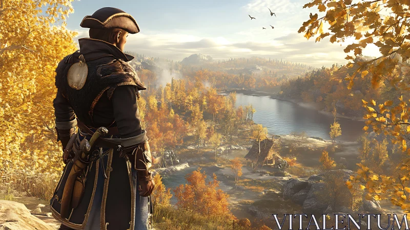 Tri-cornered explorer surveys volumetric-lit autumn river valley