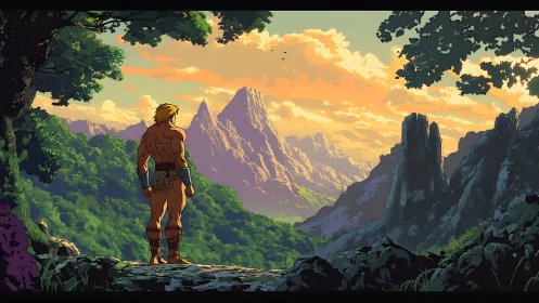 Barbarian figure observing distant mountain landscape scene.