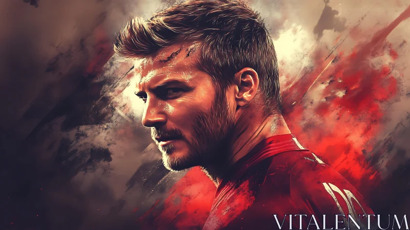 Profile portrait of male footballer in red jersey amid streaks