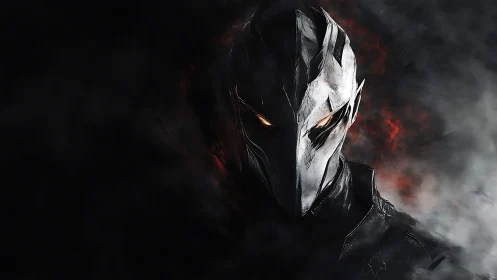 Armored dark warrior portrait in smoke and ember haze.