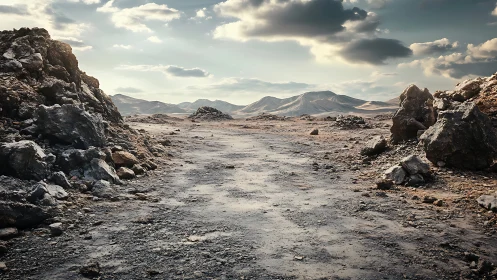 Rocky desert path leading toward distant barren hills.