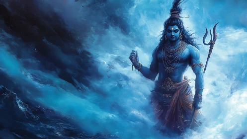 Blue-skinned mythic figure stands amid turbulent blue mist