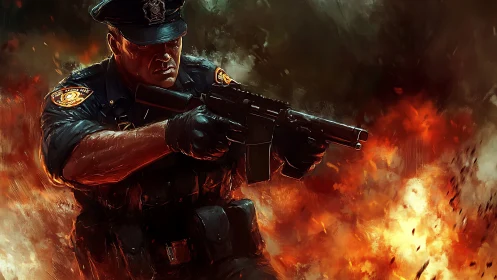 Armed police officer advances through raging urban inferno.