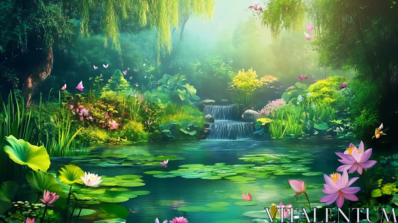 Enchanted garden pond with waterfall and vibrant flowers, fantasy art.