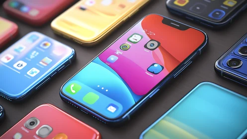 Multicolor smartphone array with glossy UI surfaces rendered.