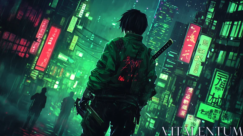 Neon rain crowns a lone cyber ronin in glitching alleyways