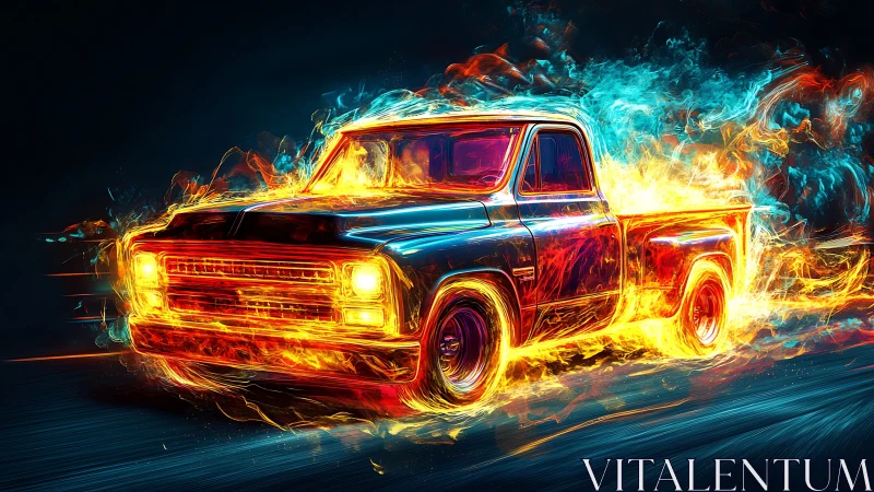 Vintage pickup truck rendered in neon fire effects.