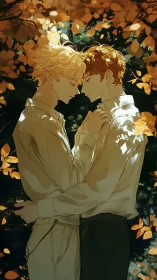 Two figures stand closely together under dense autumn foliage