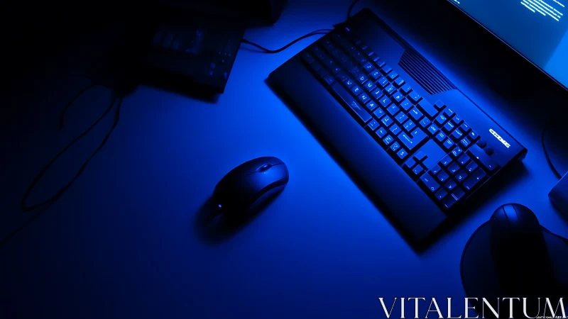 Moody blue light over minimalist keyboard and mouse setup.