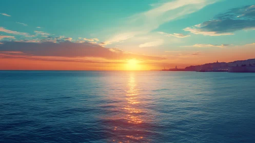 Digital seascape sunset with luminous horizon reflection study.