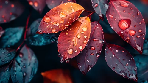 Dewy red and orange leaves glow against cool teal foliage.