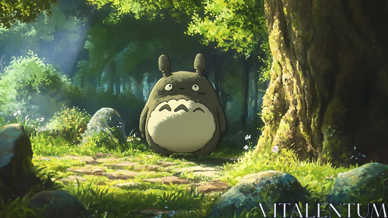 Forest spirit stands beneath dappled sunlight in clearing.