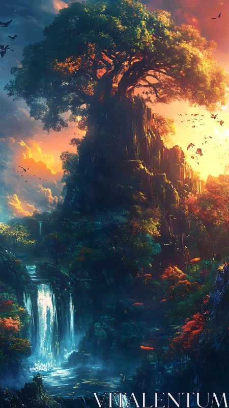 Ancient world tree crowns a mystical cliff at sunrise.