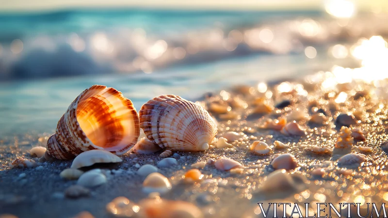 Sea shells on wet sandy beach at soft sunset light.