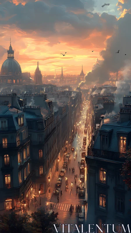 Twilight boulevard in Paris under glowing sunset sky.
