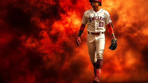 Baseball player strides through blazing orange smoke field.