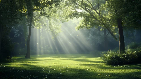 Sunlit forest clearing glows with soft morning rays.