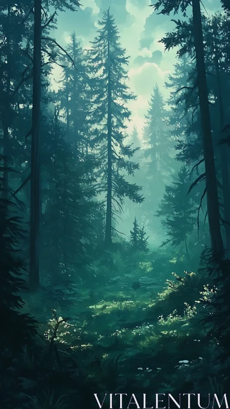 Atmospheric coniferous forest with layered depth and luminous sky.