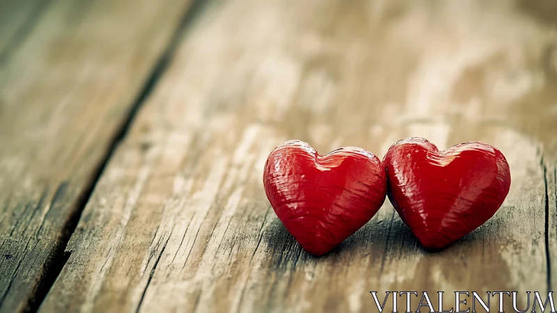 Two Red Hearts Rest Together on Rustic Wood.