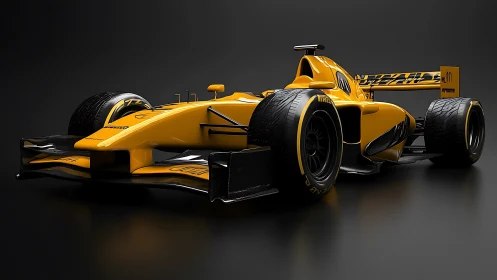 High-gloss yellow F1-style race car rendered with dramatic studio lighting
