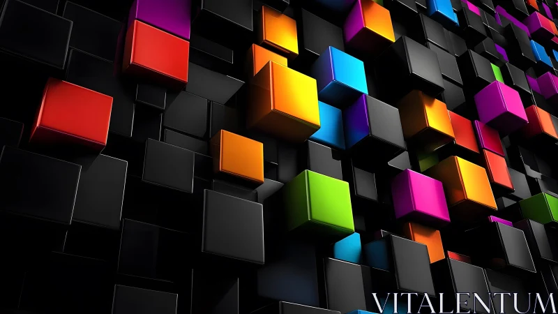 Neon cubes punch through deep black geometric grid.