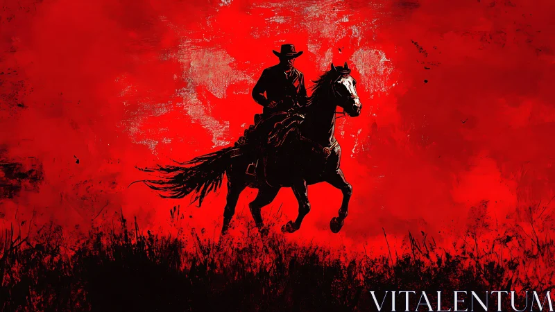 Silhouetted rider on horseback against textured red field.