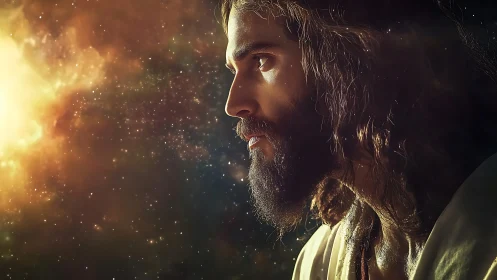 Bearded man profile glows against radiant cosmic nebula.