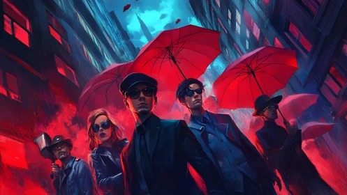 Neo-noir agents under red umbrellas in rain-soaked alleyway