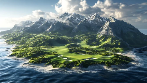 Mountain island golf course under dramatic coastal light