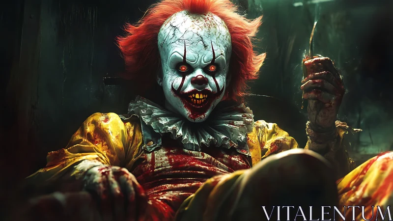 Malevolent clown lunges from shadows in lurid horror tableau.